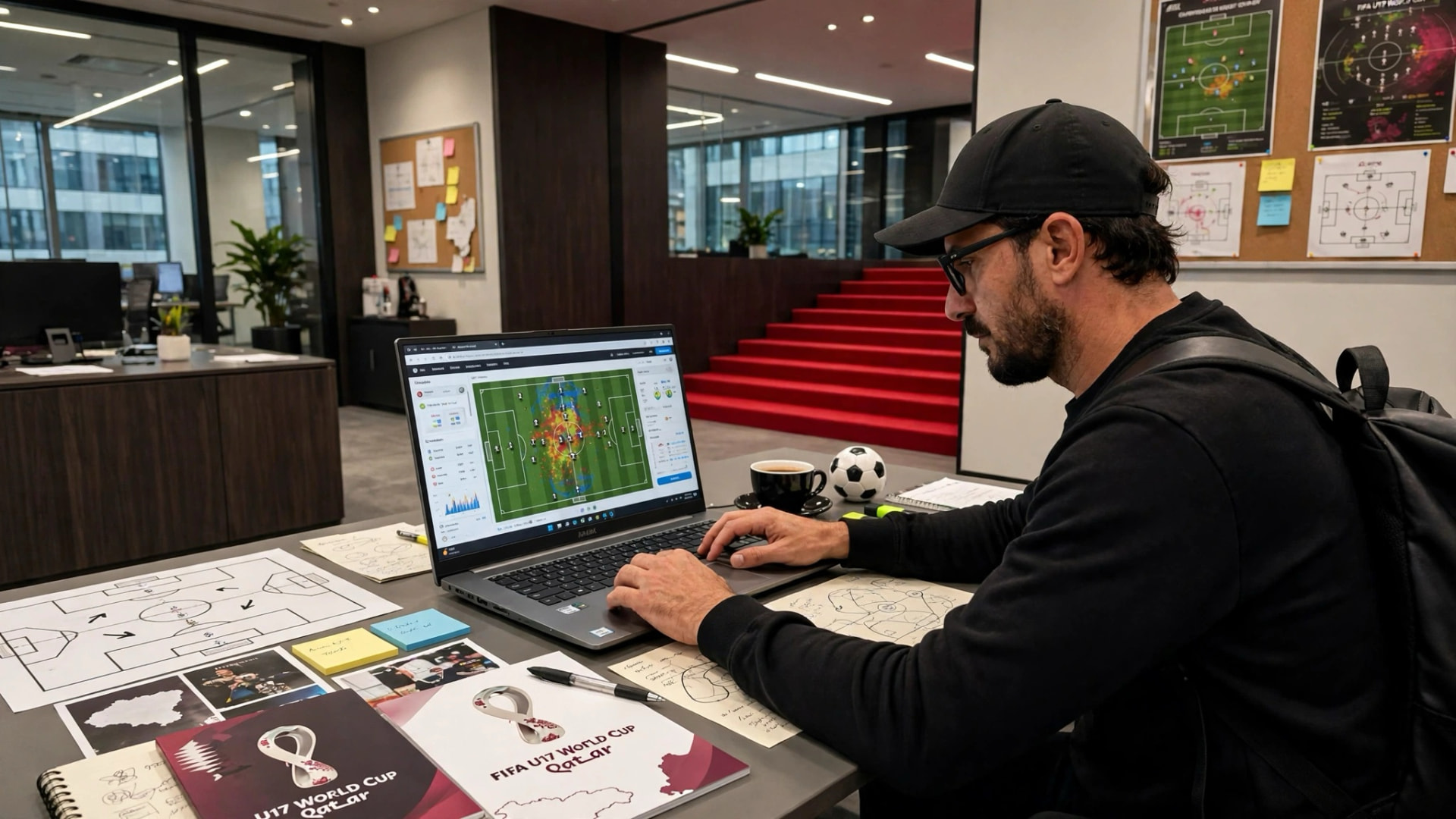 Asterios Themelis reviewing match footage and tactical data on a laptop