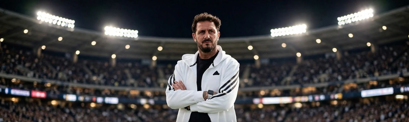 Asterios Themelis standing in a floodlit stadium