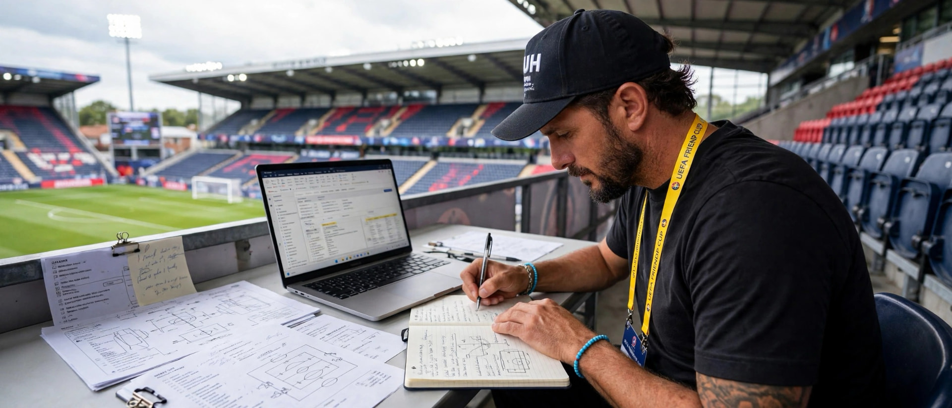 Asterios Themelis taking scouting notes in the stands at the UEFA Friendship Cup