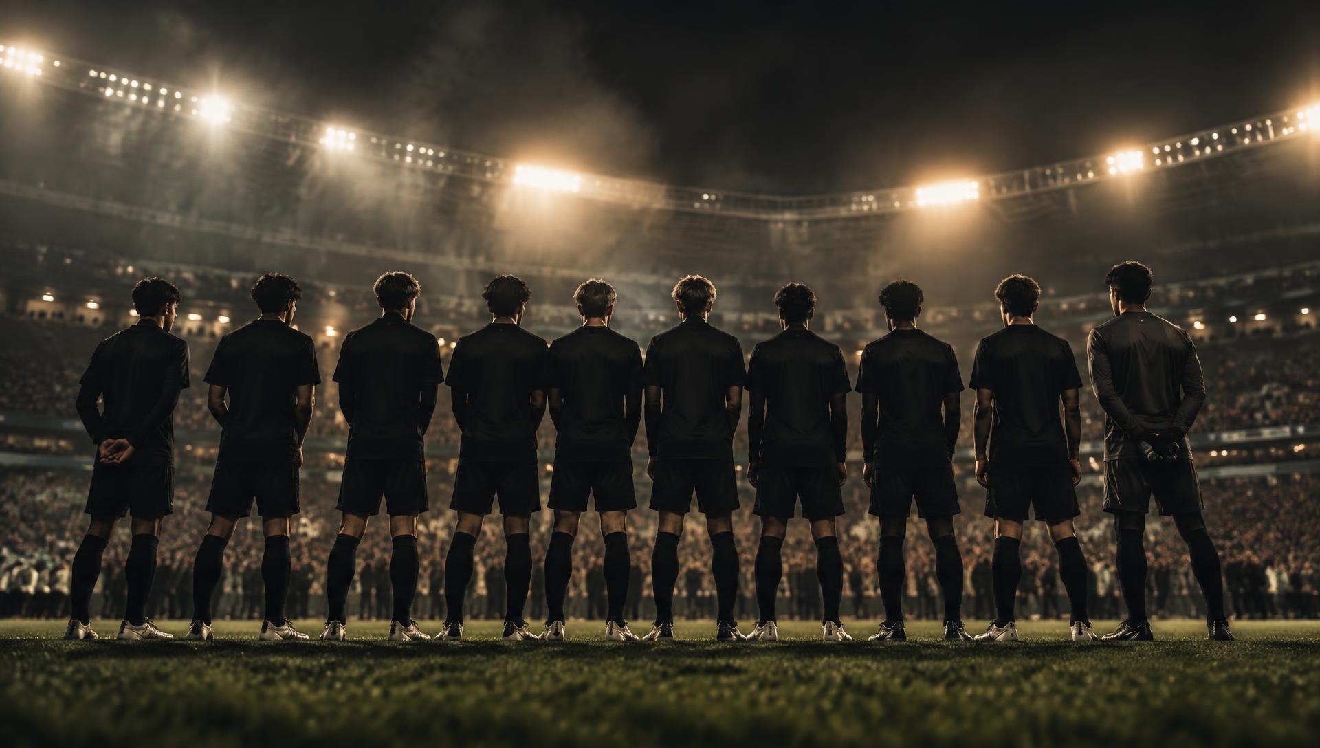Youth national team lined up in a floodlit stadium