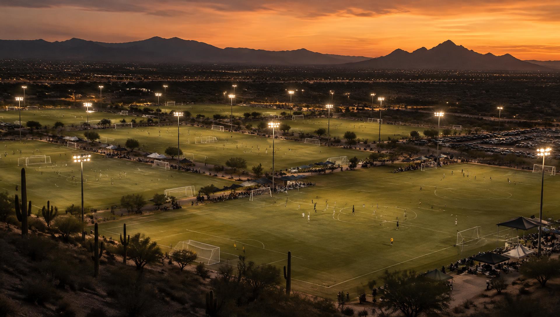 Floodlit youth soccer tournament fields at dusk
